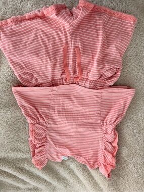 Striped Pink Strapless Romper with Lace Trim